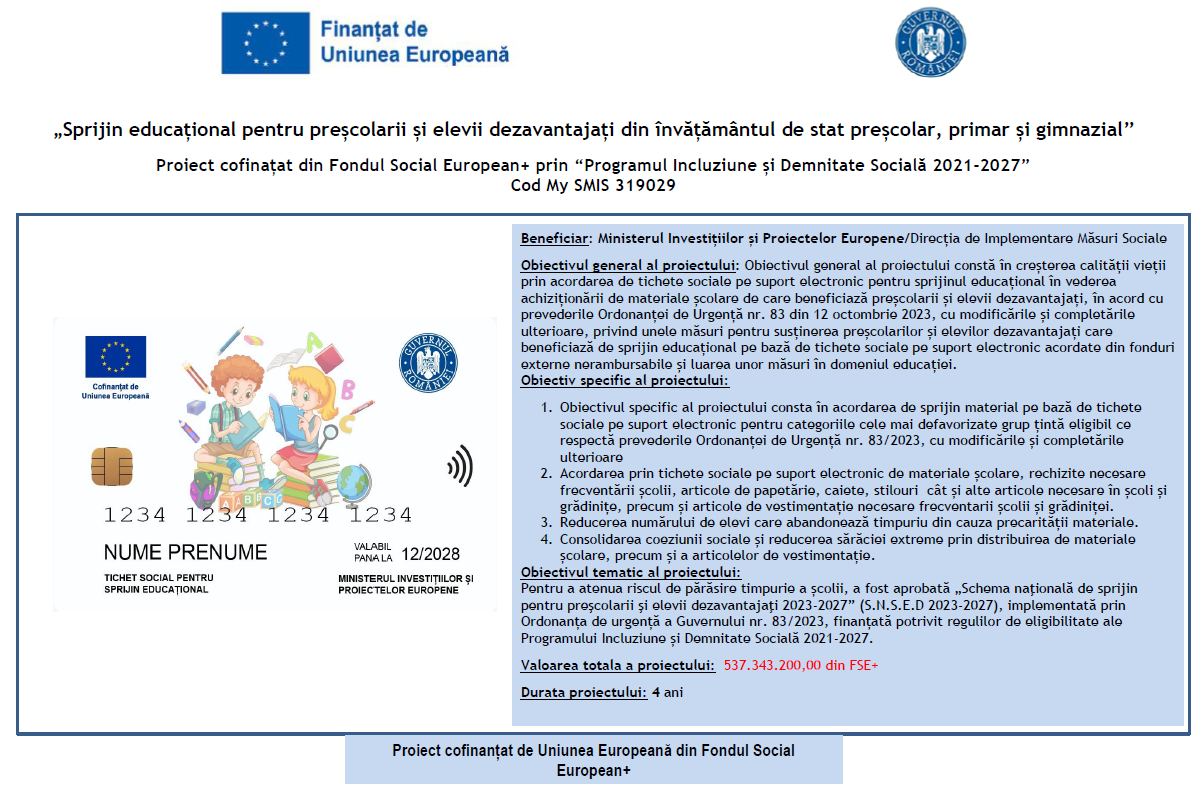 Afiș al proiectului „Sprijin educațional pentru preșcolarii și elevii dezavantajați”, finanțat din fonduri europene
