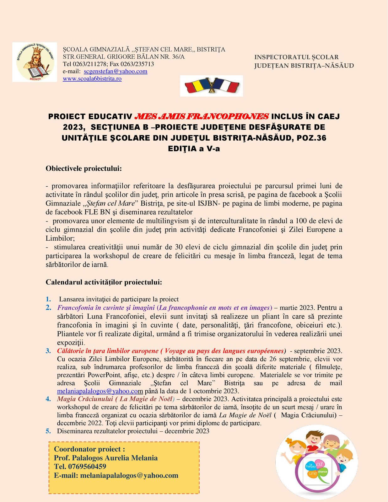 Afișul concursului organizat în cadrul proiectului „Mes amis francophones”