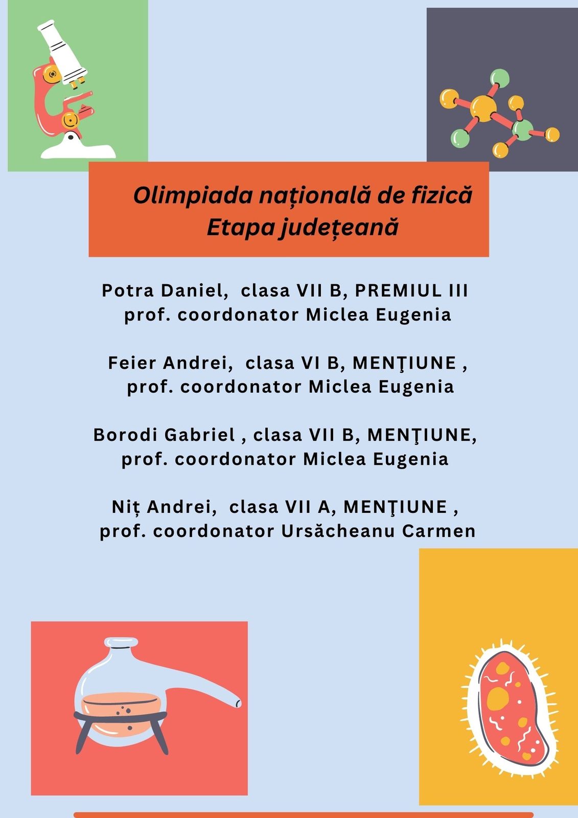 Afiș de felicitare pentru premianții școlii la concursurile științifice