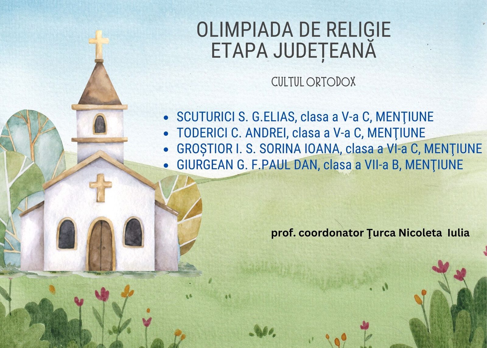 Afiș de felicitare pentru elevii premiați ai școlii