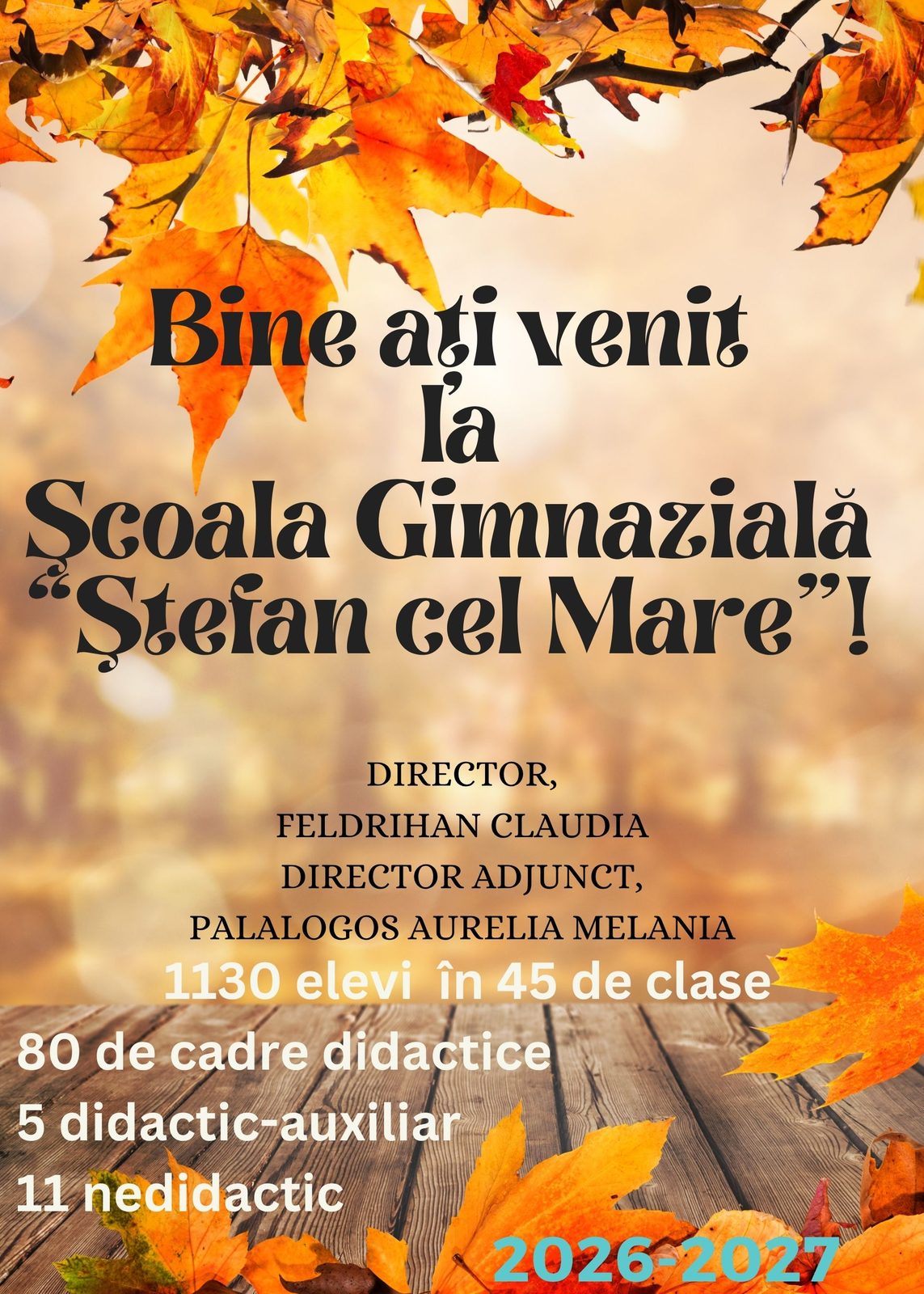Afiș de întâmpinare pentru anul școlar 2026–2027: 1130 de elevi în 45 de clase, 80 de cadre didactice, 5 posturi didactic-auxiliare și 11 nedidactice