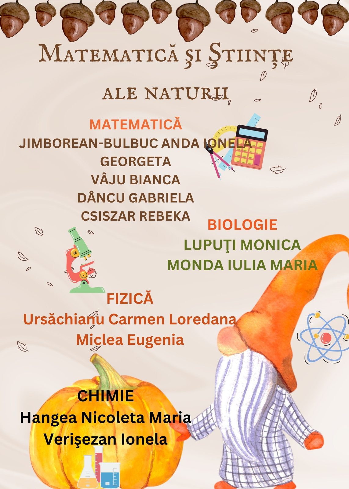 Afiș cu profesorii ariei curriculare Matematică și Științe ale naturii: matematică, biologie, fizică și chimie