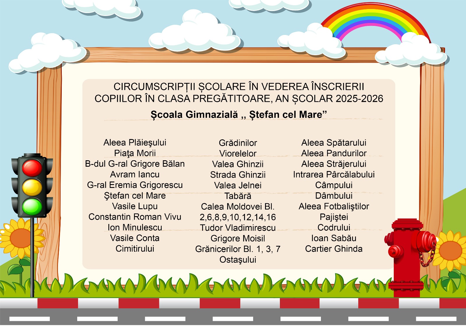 Afiș cu circumscripția școlară a Școlii Gimnaziale „Ștefan cel Mare” Bistrița pentru înscrierea în clasa pregătitoare, anul școlar 2025-2026, cuprinzând lista străzilor arondate