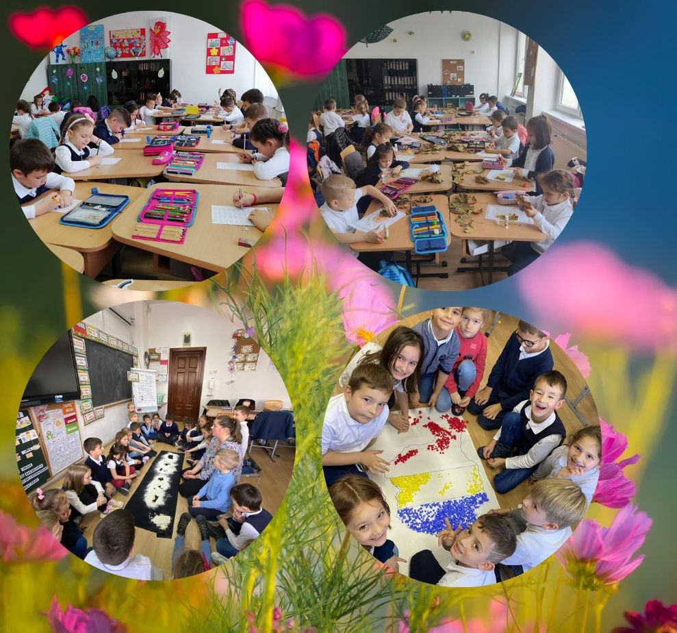 Colaj cu patru fotografii din activitatea elevilor de la clasa pregătitoare: lucru la bănci, activități practice cu materiale din natură, activități pe covor și realizarea unui drapel din mărgele colorate