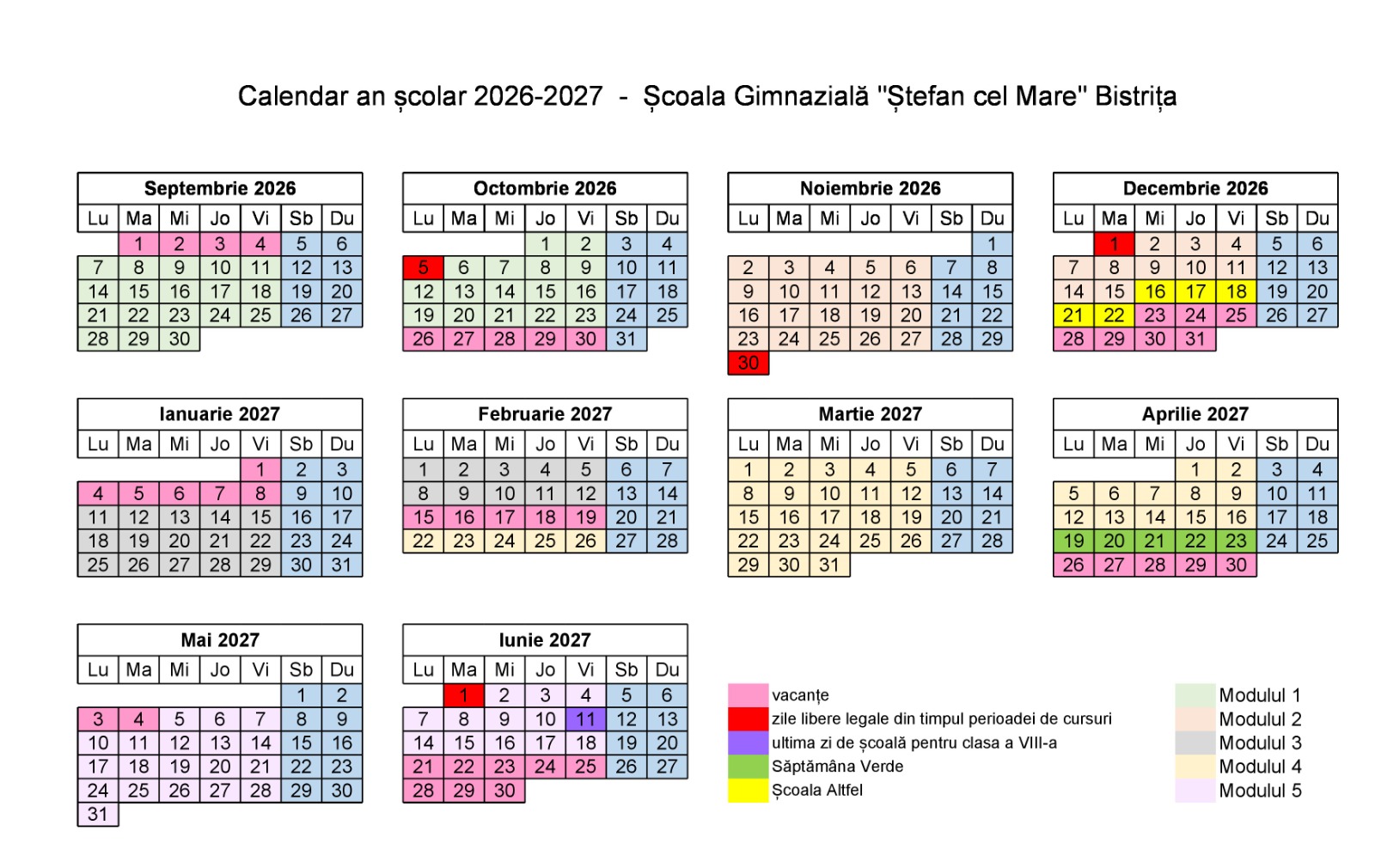 Calendarul anului școlar 2026-2027 la Școala Gimnazială „Ștefan cel Mare” Bistrița, cu modulele de cursuri, vacanțele, zilele libere legale, Săptămâna Verde și Școala Altfel marcate pe lunile septembrie 2026 – iunie 2027